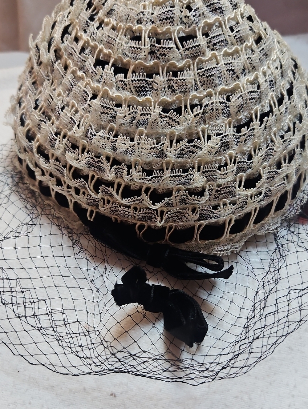 Vintage beanie, raw silk, veiled velvet bow skull, cap, New York Designer